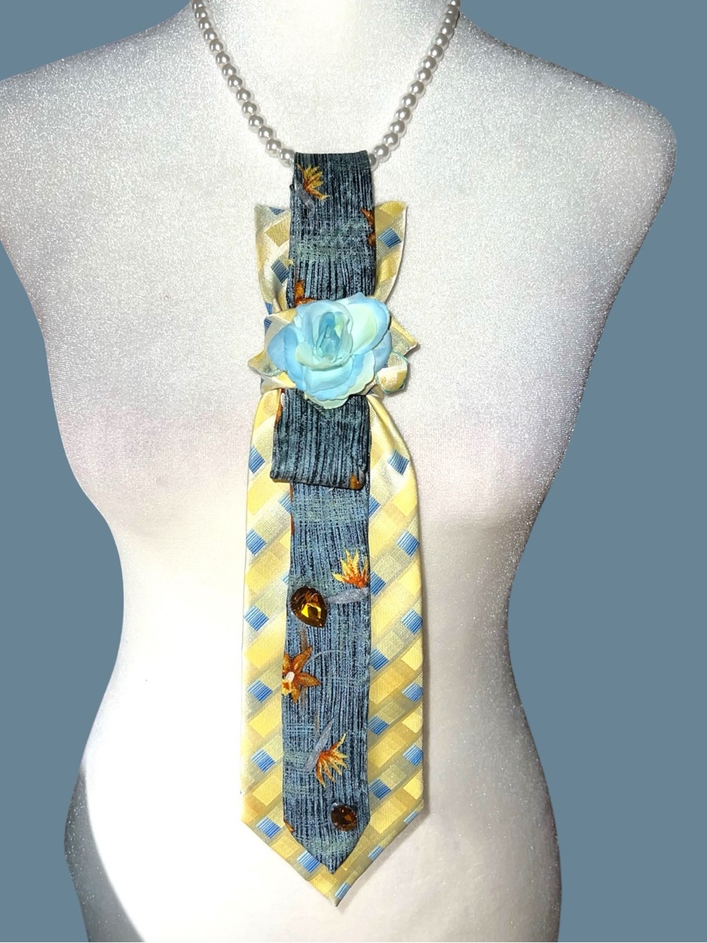 Handmade Yellow and Blue Floral Tie Necklace with Blue Rose Accent. Leftovers !